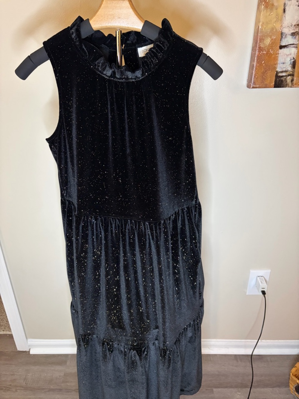J. Crew Black Velvet Sparkle Sleeveless Ruffle Neck Dress